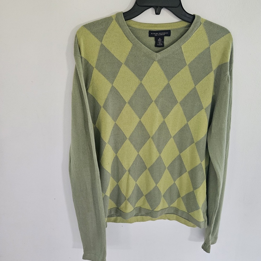 Banana Republic Womens M Green Argyle Sweater Silk Cashmere Natural Fibers Soft